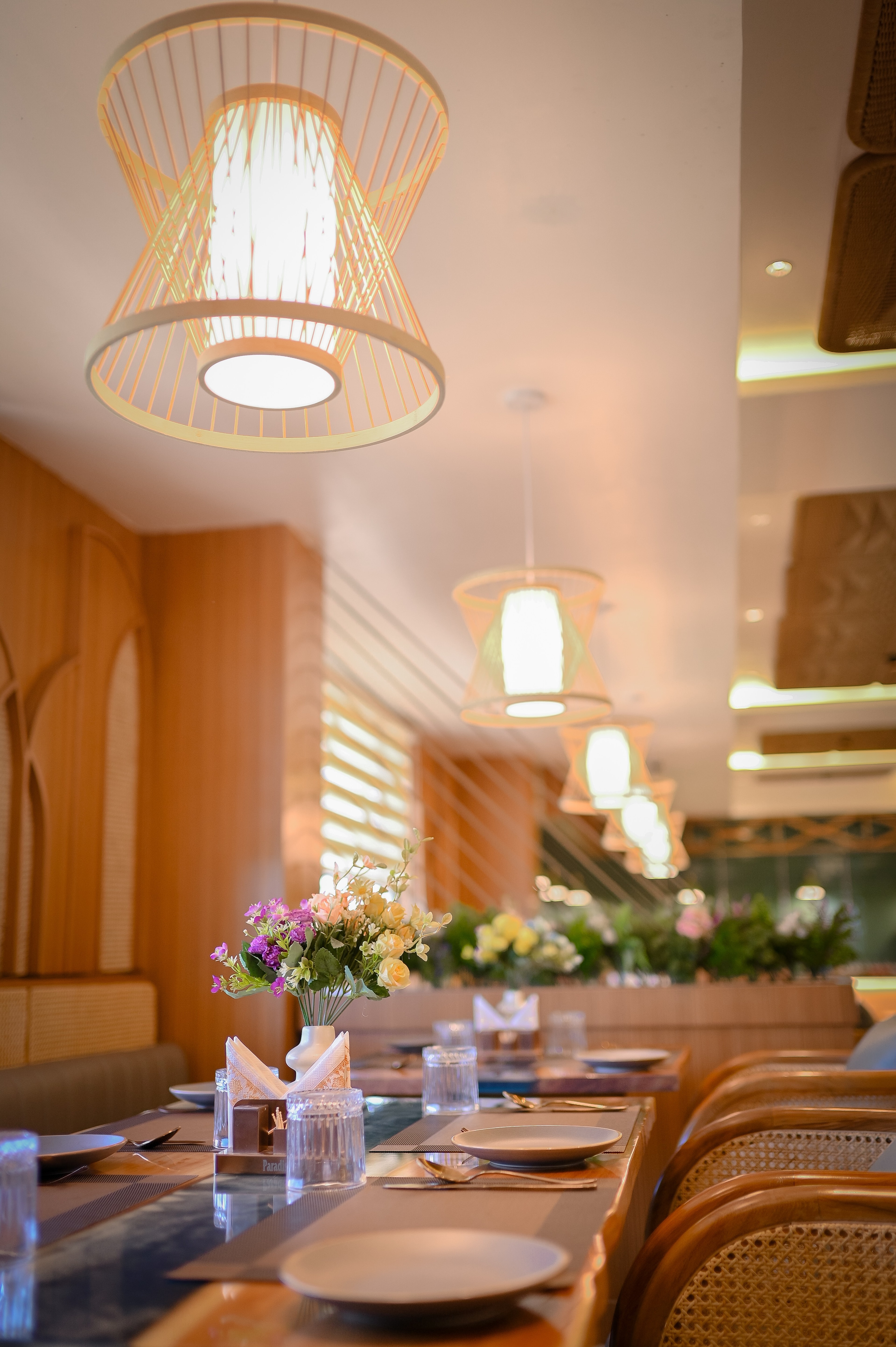 Elegant restaurant dining area with ambient lighting